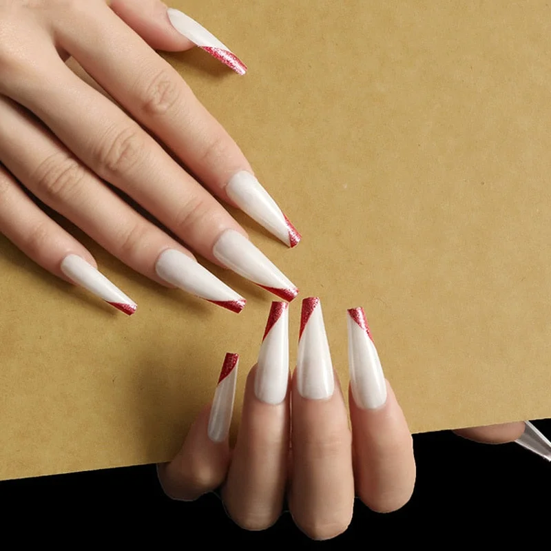 24pcs/box fake nails with glue designed colourful Gold thread rainbow paragraph press on nails coffin girls nail tips stick-on-Nail Inspo