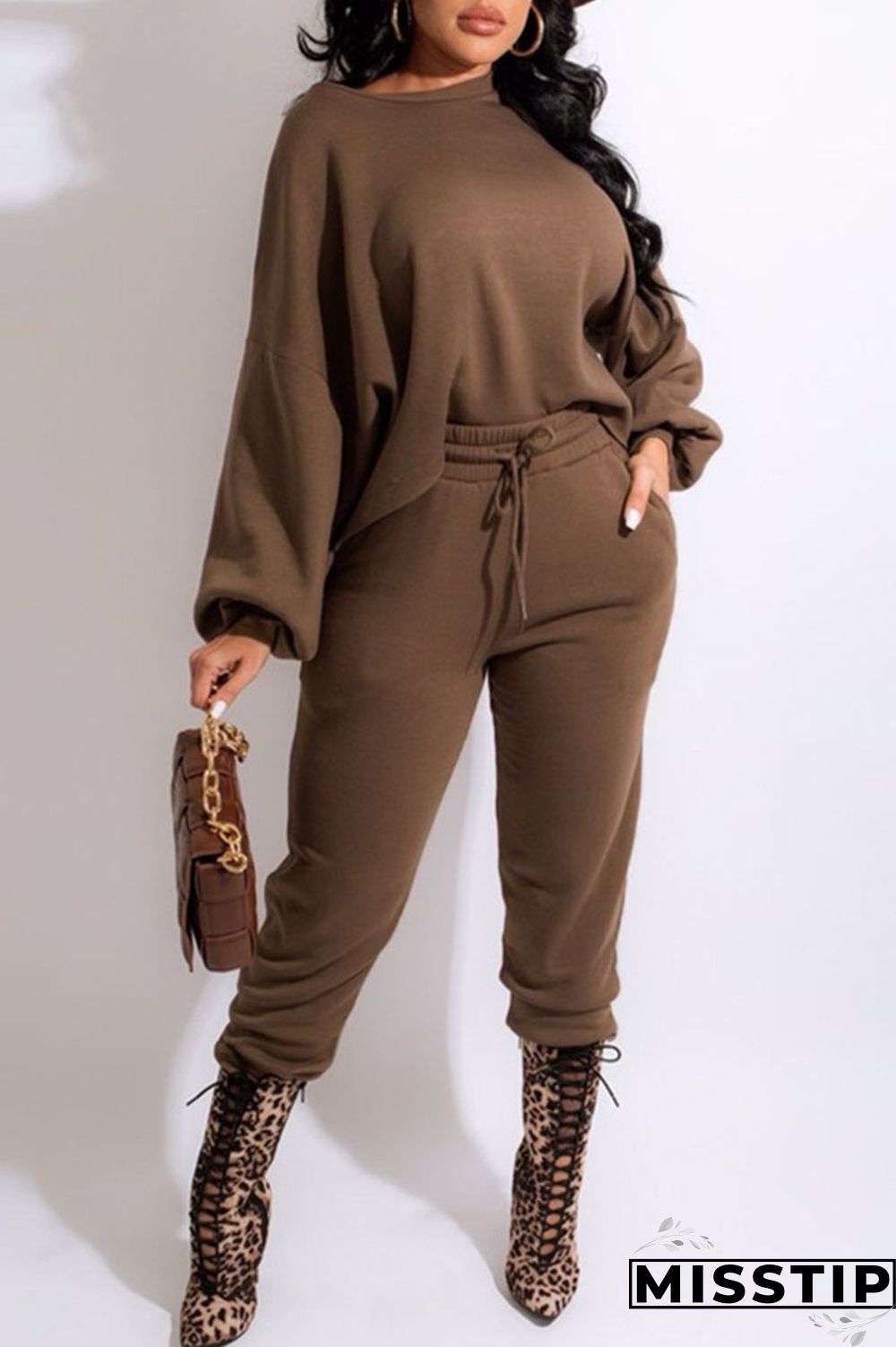 Dark Brown Casual Solid Patchwork O Neck Long Sleeve Two Pieces