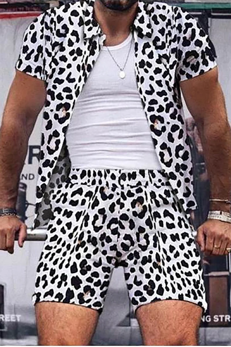 Men's Casual Comfort Leopard Pattern Short-Sleeved Shirt Shorts Two-Piece Set