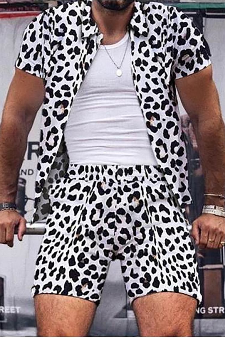 Men's Casual Comfort Leopard Pattern Short-Sleeved Shorts Two-Piece Set
