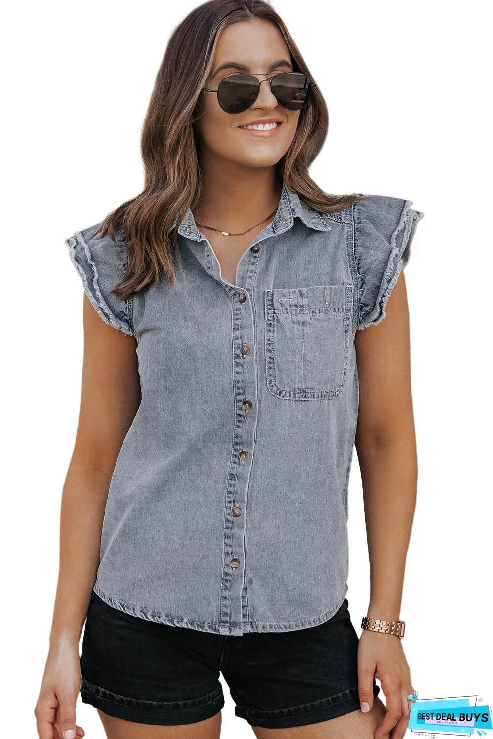 Frayed Ruffle Sleeve Denim Shirt