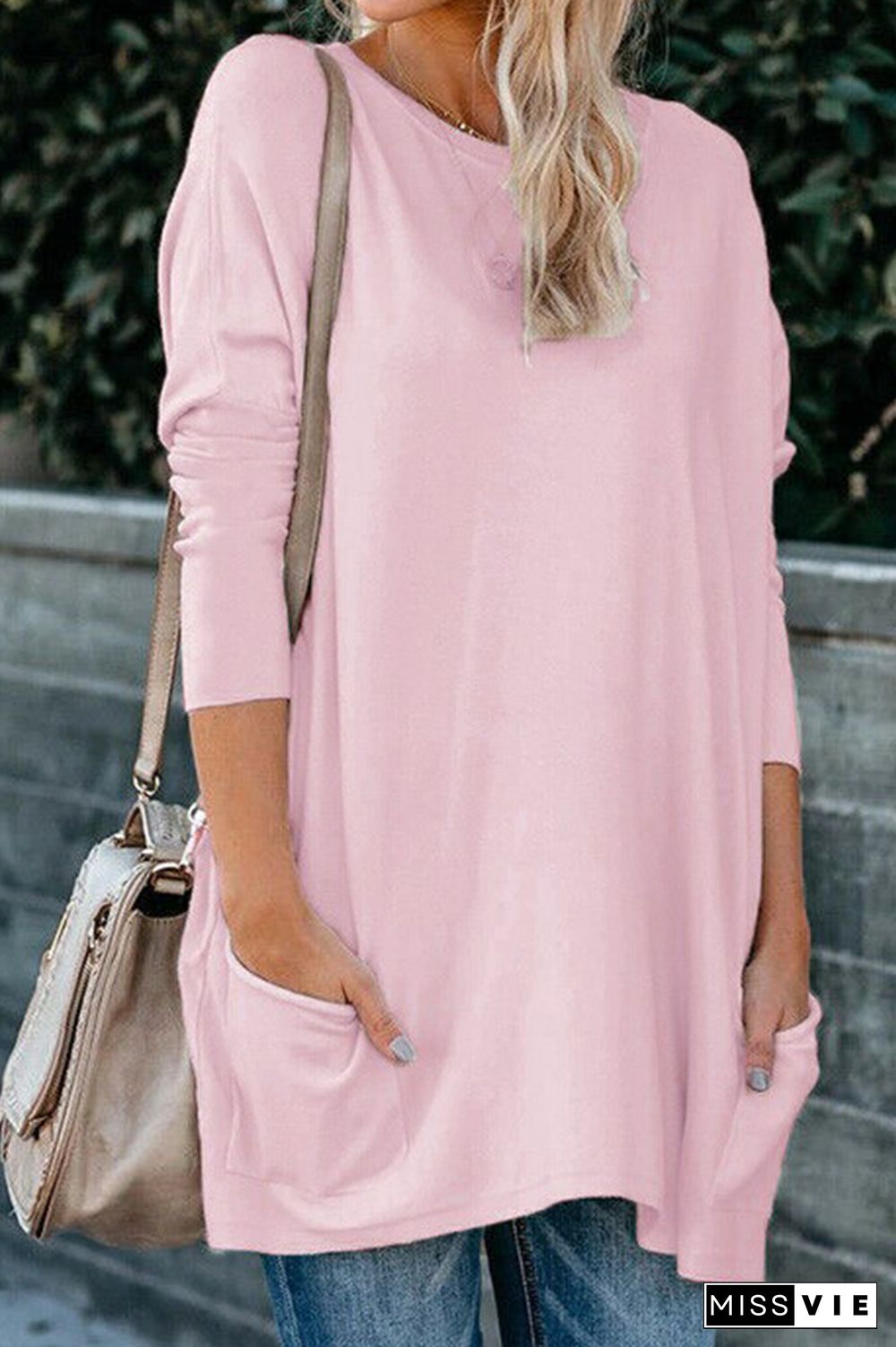 Casual Solid Split Joint Pocket O Neck Tops（13 colors）