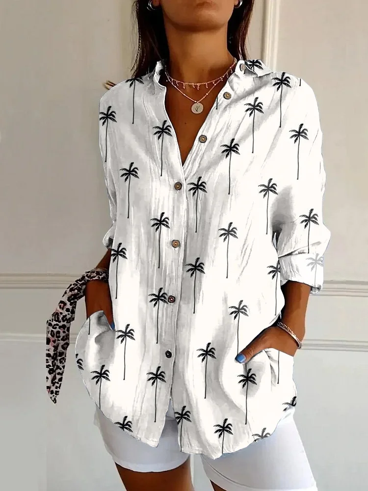 Japanese Art Coconut Tree Print Casual Long Sleeve Shirt