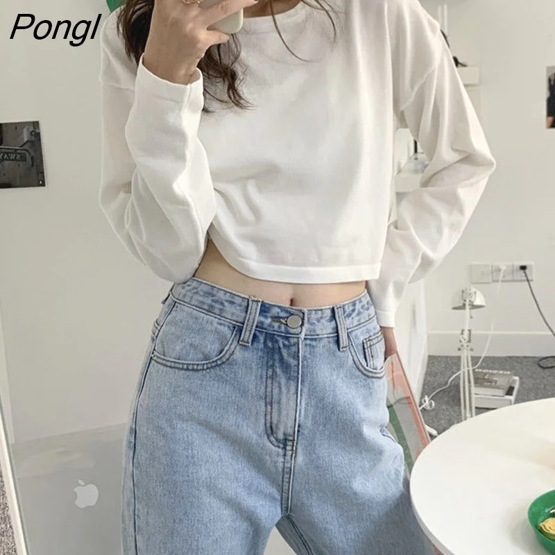 Pongl Colors Loose Long Sleeve T-shirts Women Spring Daily Student All-match Casual Streetwear Short Style Tops Basic Undershirt