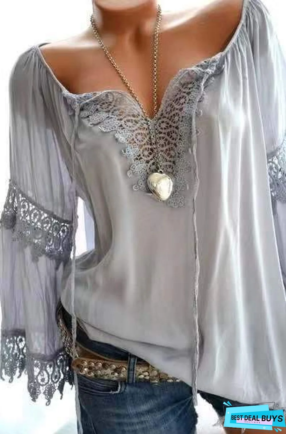 Large Size Women Openwork Lace Long-Sleeved Blouse Solid Color Large V-Neck Casual Tops