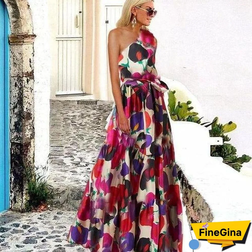 Elegant One Shoulder Sleeveless Printed Maxi Dress