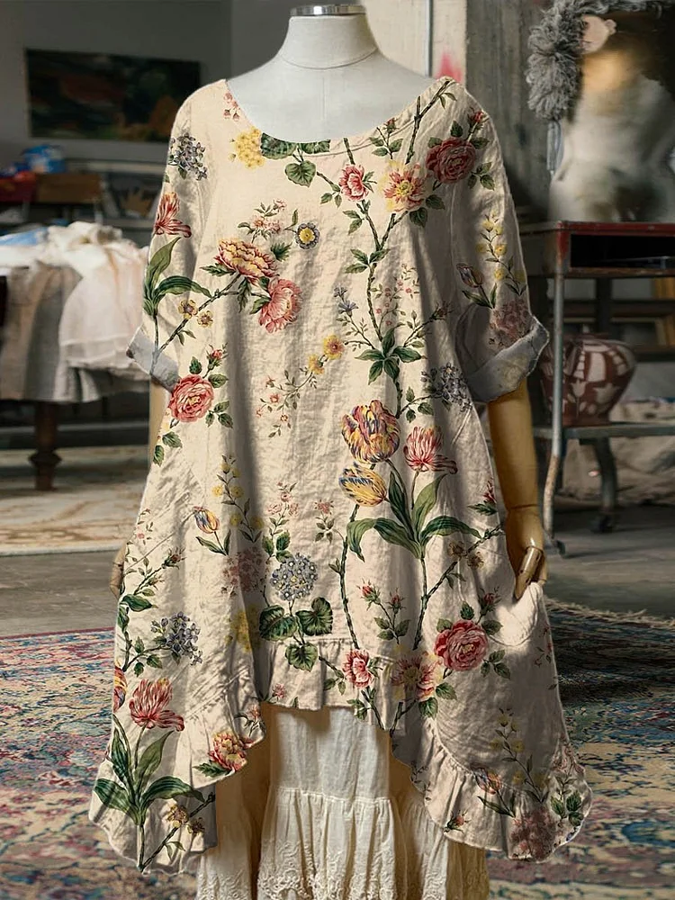 Women's Vintage Lovely Floral Art Print Pocket Cotton Dress