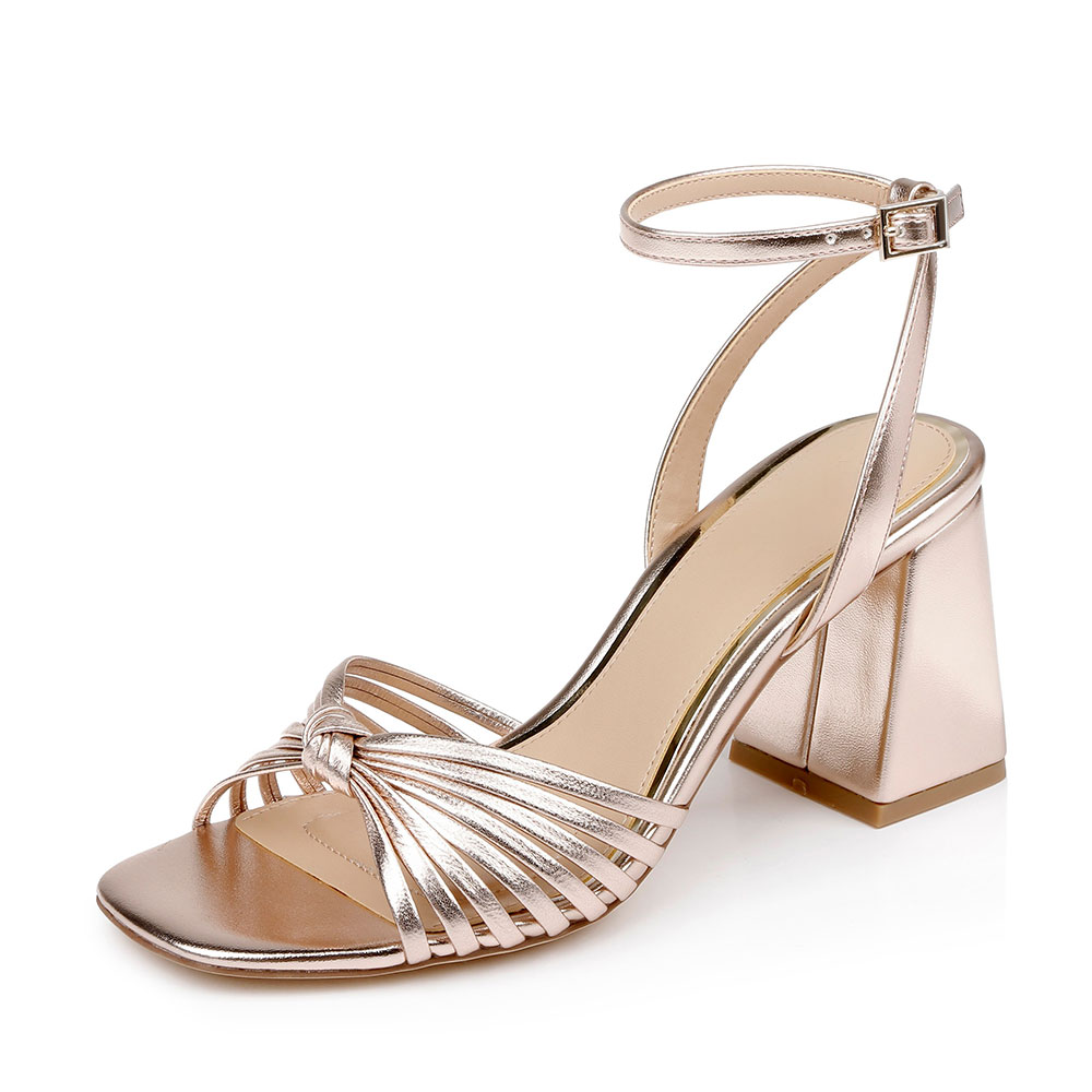 Champagne Ankle Strap Open Square Toe Knot Women's Heel Sandals Nicepairs