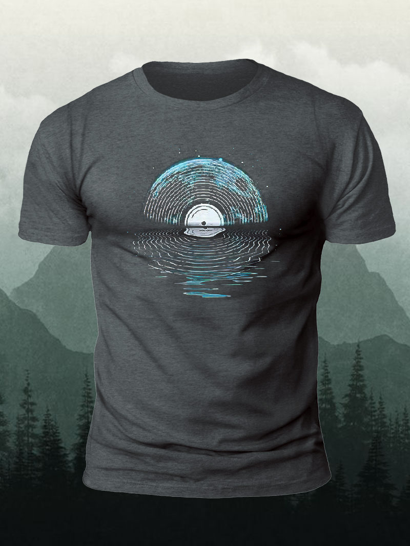 Men's Starry Sky Lake Vinyl Music Short-Sleeved Shirt