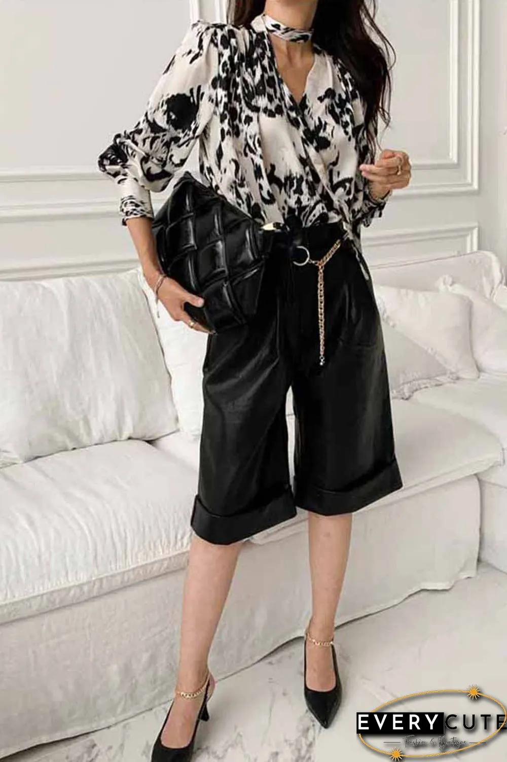 Wind Deep V-Neck Shirt Puff Sleeve Leopard Print Tops