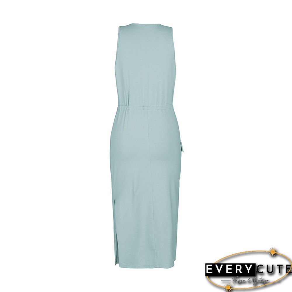 Light Green V Neck Knit Pocketed Casual Dress