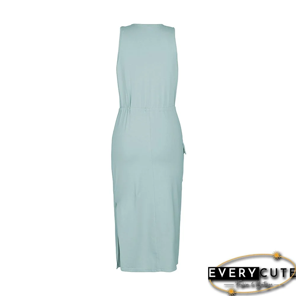 Light Green V Neck Knit Pocketed Casual Dress