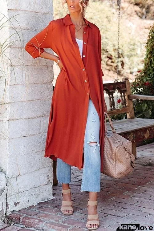 Button Turndown Collar Slit Shirt Dress