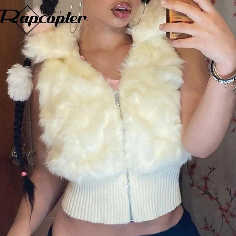 Rapcopter y2k Feathers Cropped Jackets Kawaii Aesthetic Zipper Tank Tops Warm Retro White Coat Women Grunge Fairycore Outerwear