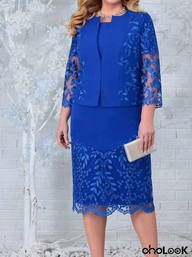 Women's Dress - Plus Size Work Dress Floral Crew Neck Layered 3/4 Length Sleeve Spring Fall Elegant Midi Dress Work Daily Dress