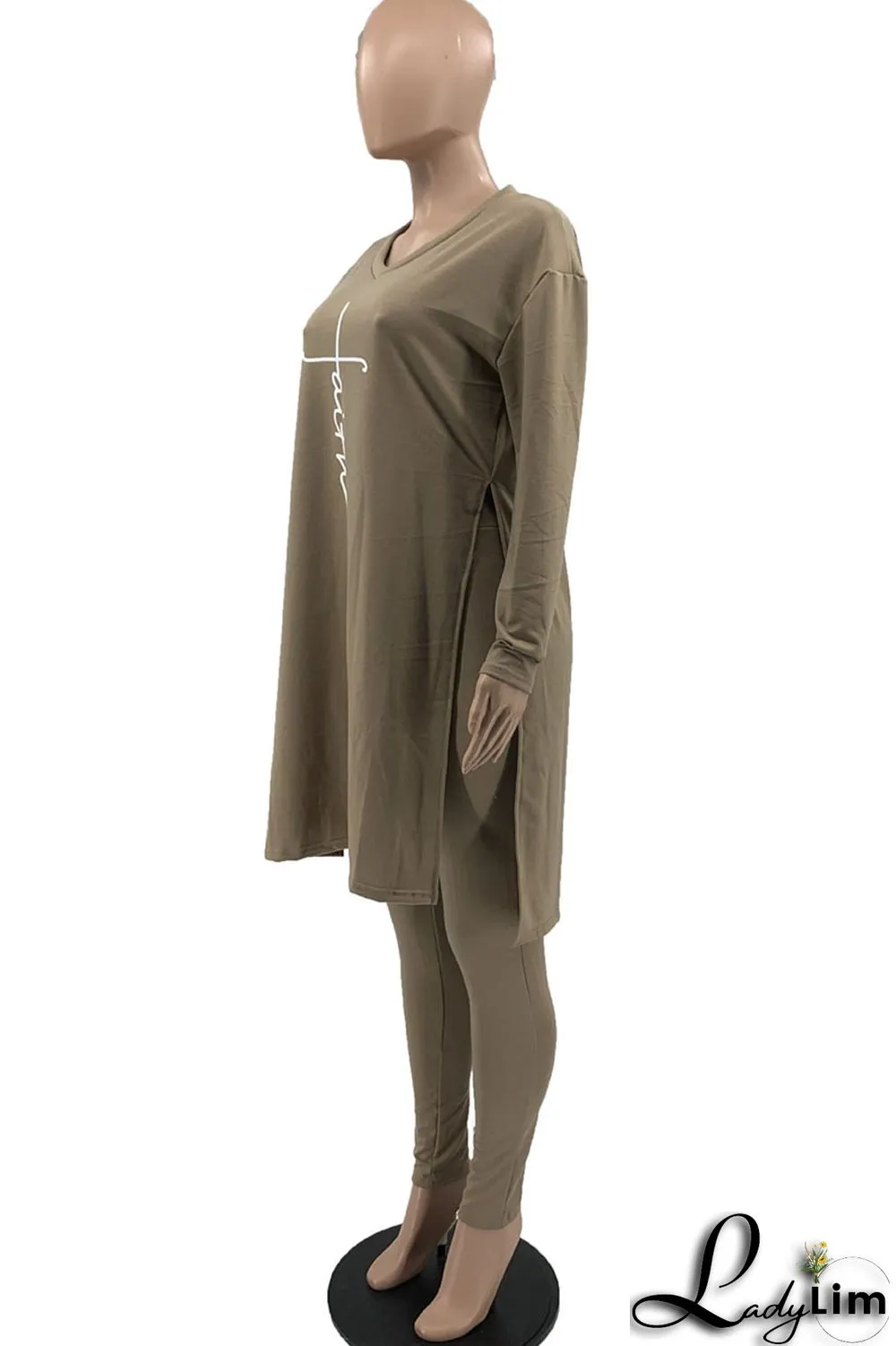 Coffee Casual Print Patchwork Slit V Neck Long Sleeve Two Pieces