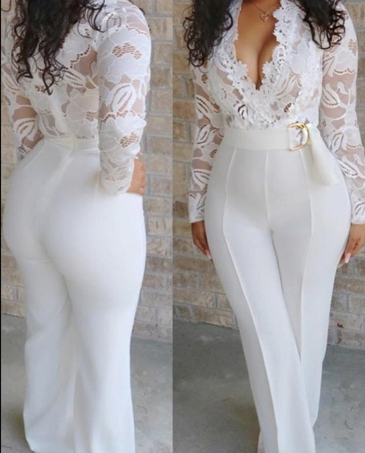 LANFUBEISI  Jumpsuit Women Overalls Party Lace Rompers White Bodysuit Long Sleeve V-neck Long Pants Y2k Elegant Autumn Spring Outfits Work LANFUBEISI