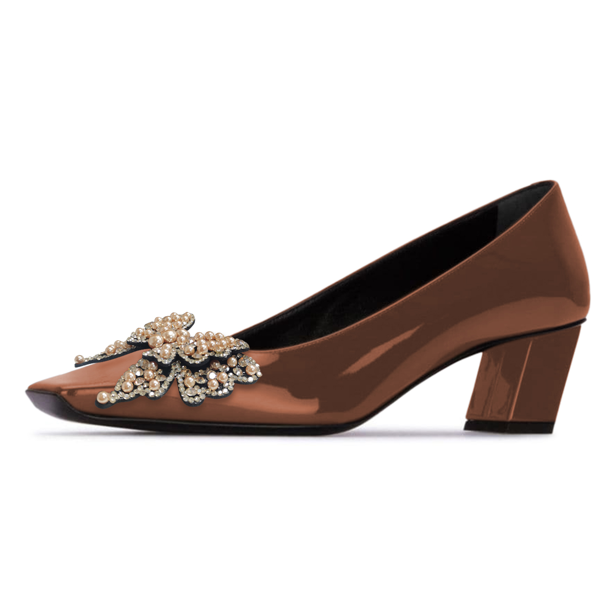 Brown Pearl Rhinestone Butterfly Square Toe Chunky Heel Pumps Shoes Nicepairs