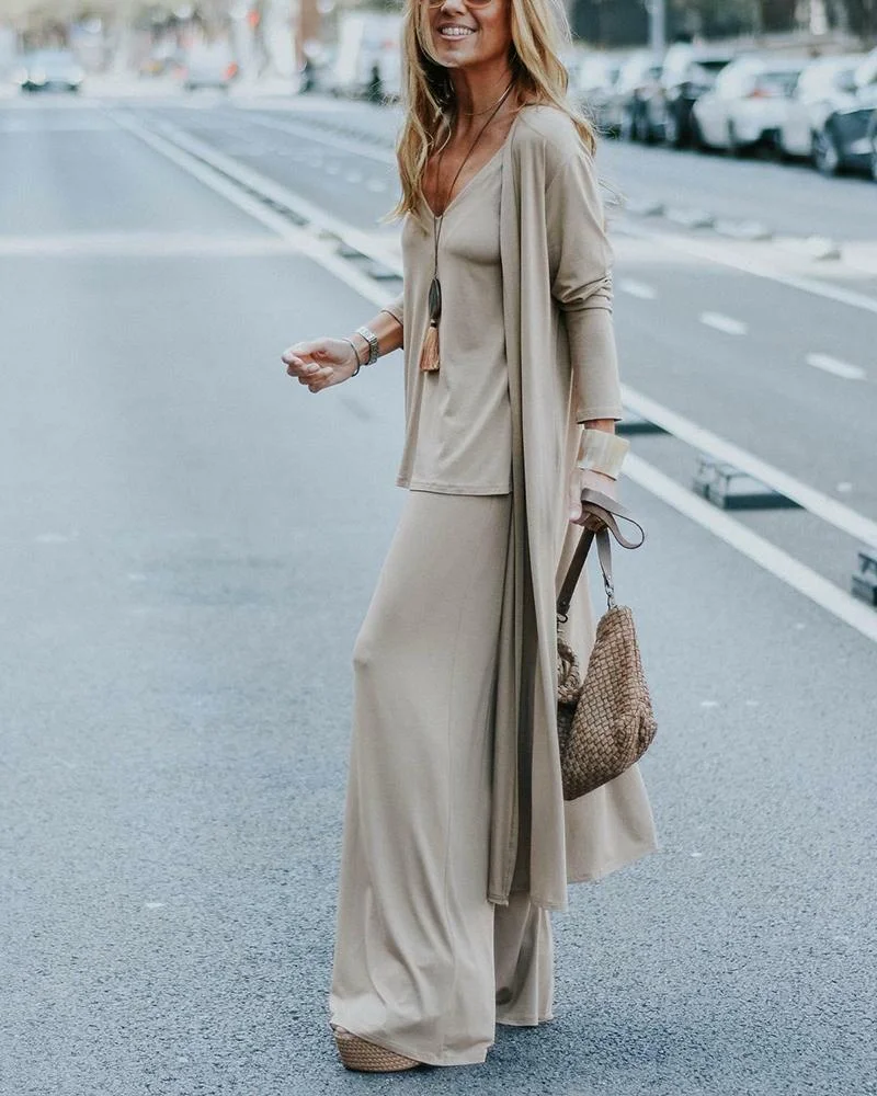 Solid Color Cardigan & V-Neck Sling Top & Casual Trousers Three Piece Set