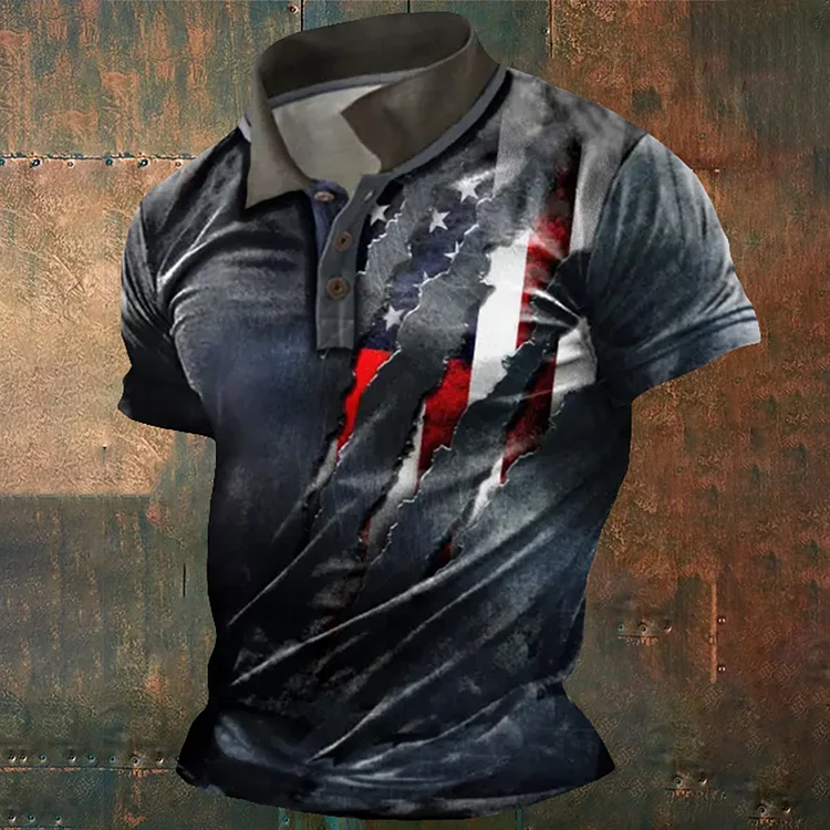 BrosWear Men'S Cracked American Flag Print Short Sleeve Polo Shirt