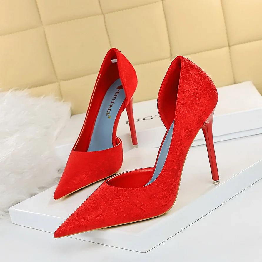Colourp Colourp Fashion And Sexy Show Thin Side Hollow Heels Thin Cloth Shallow Mouth Pointed High Heel Single Shoes