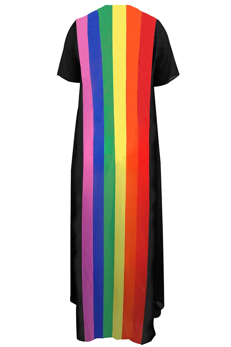 Rainbow Striped Print Mesh See Through Short Sleeve Dress