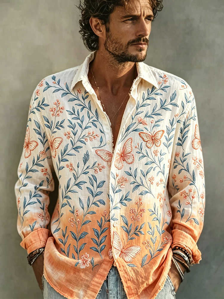 Comstylish Men's Boho Style Butterfly Floral Art Gradient Linen Shirt