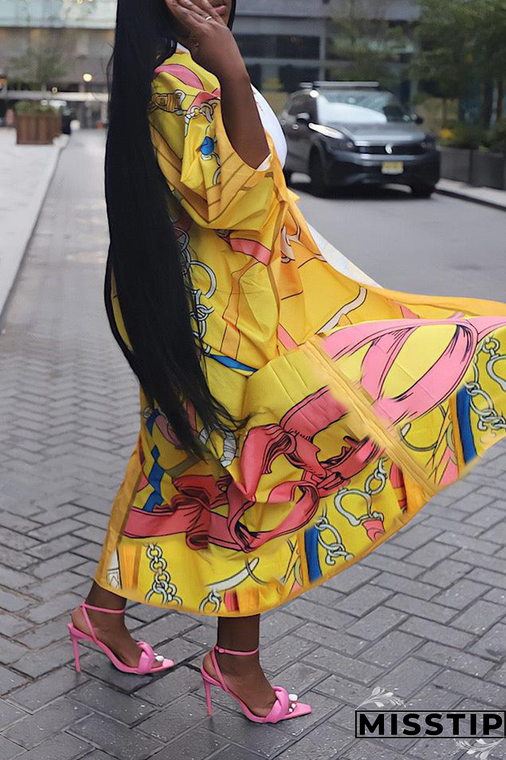 Yellow Casual Print Bandage Cardigan Collar Outerwear