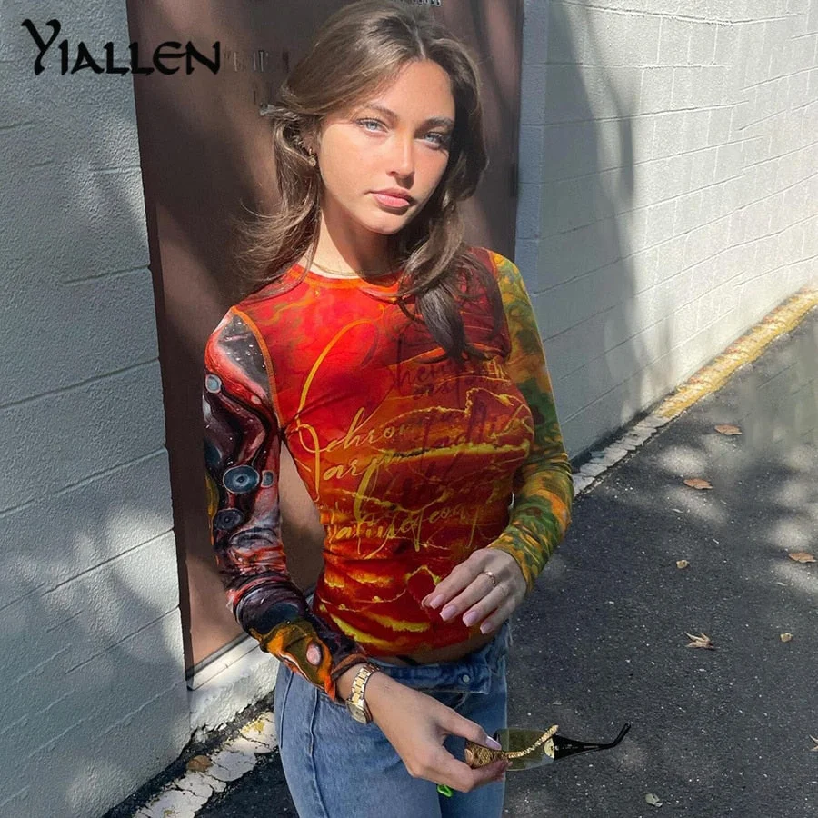 Yiallen Autumn Colorful Print Y2K Crop Tops Women Sexy Backless Long Sleeve T-Shirts Hipster Skinny Hip Hop Tees Streetwear Hot