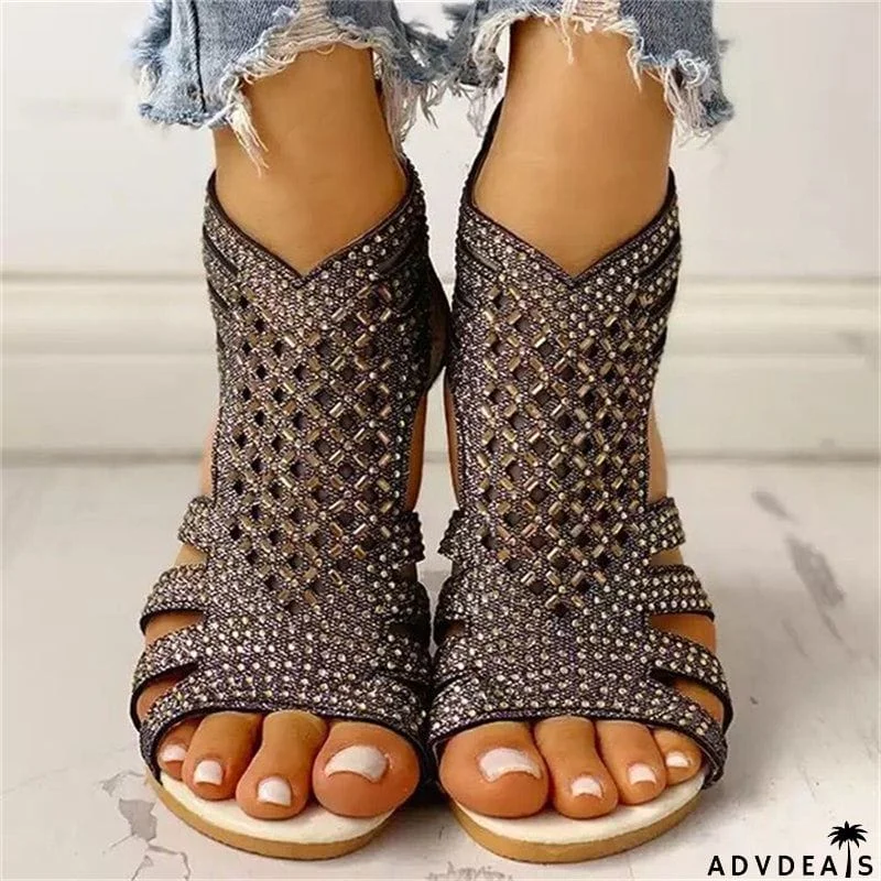 Women's Summer Open Toe Rhinestone Flat Hollow Out Roman Sandals