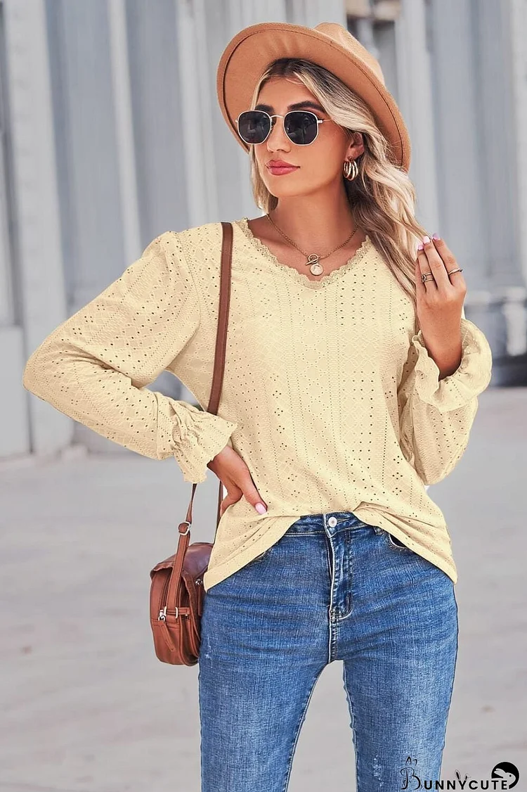 Lace Trim V-Neck Flounce Sleeve Top