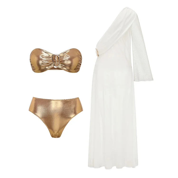 Golden Solid Color Bikini Swimsuit and Smock
