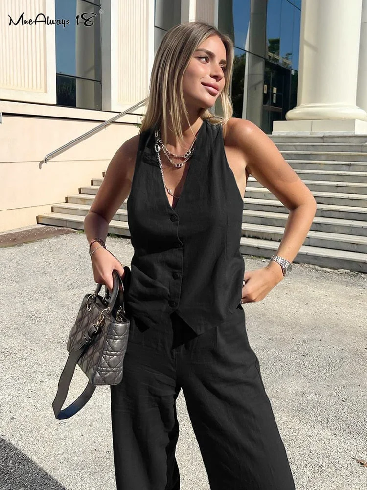 Huibahe Street Style Women 2-Pieces Pants Suits Gray Vest Tops And Straight Pants Office Outfits Classy Black Pants Suits