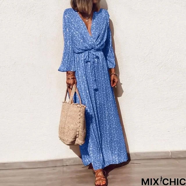 Plus Size Casual V-neck Floral Print Long Sleeve Maxi Boho Dress Elegant Sashes Party Dress