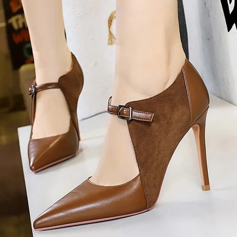 Abebey Shoes New Women Pumps Suede And PU Leather Design Retro High Heels Ladies Shoes Stilettos Women Heels Large Size 34-43