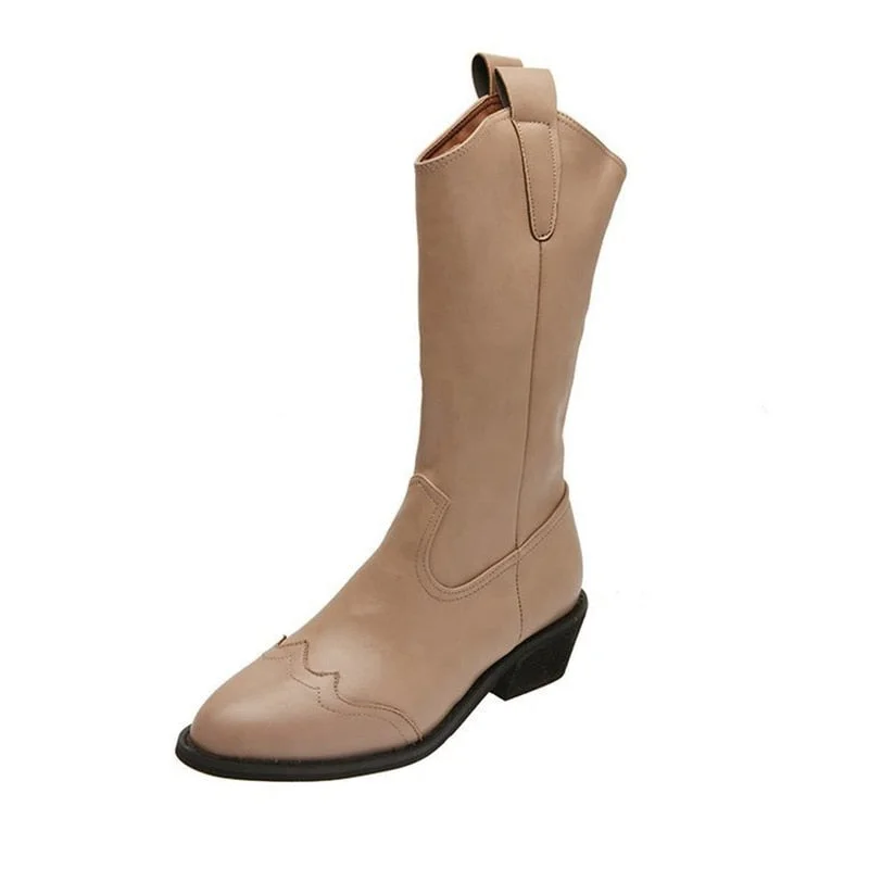 Vstacam New Fashion Autumn Women Knee High Boots Mid-Calf Heel Cowboy Boots Women Pointed Toe Shoes Female Winter Zipper Boots Plus Size
