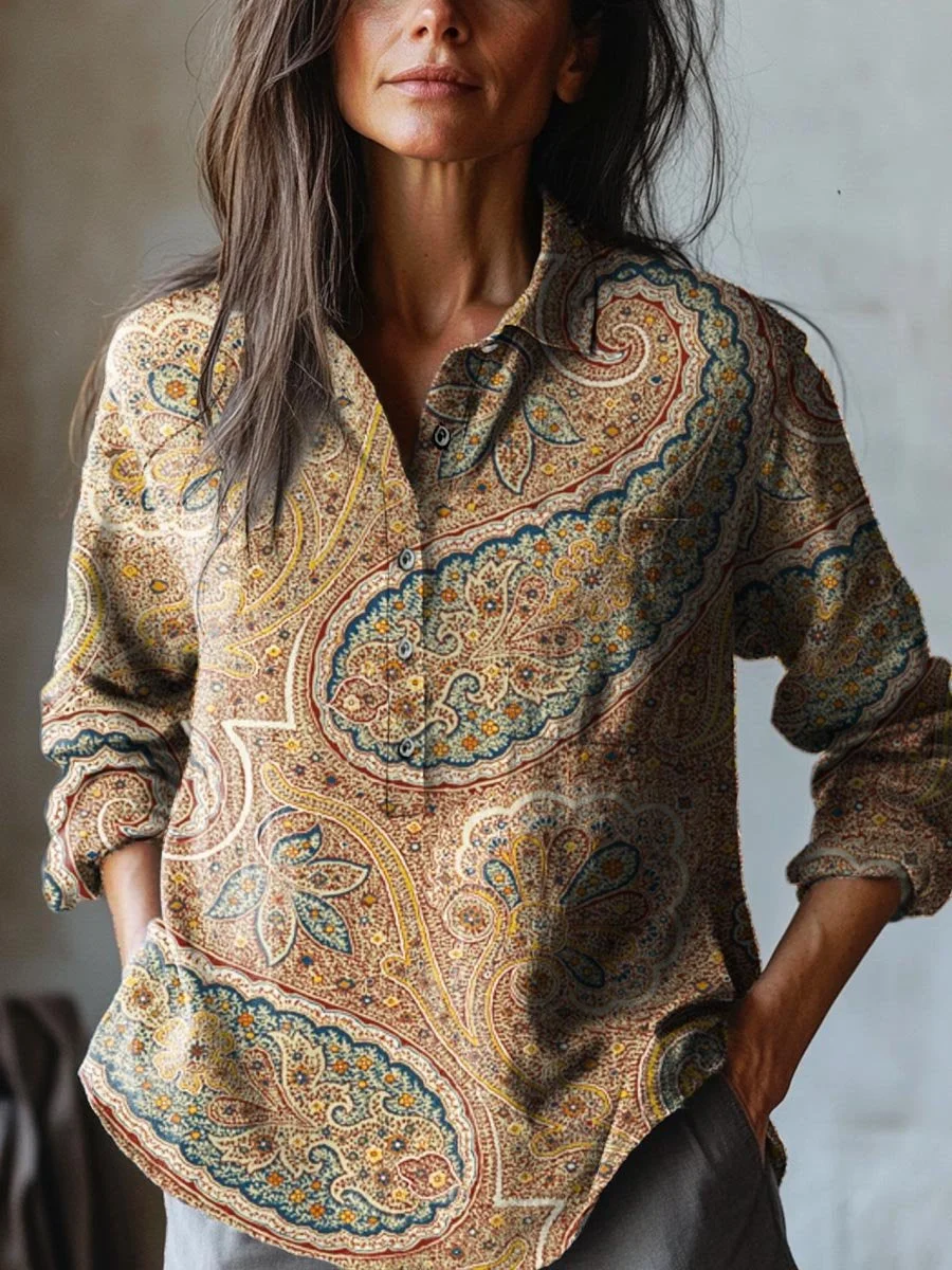 Women's Vintage Lovely Floral Art Print Casual Cotton And Linen Shirt