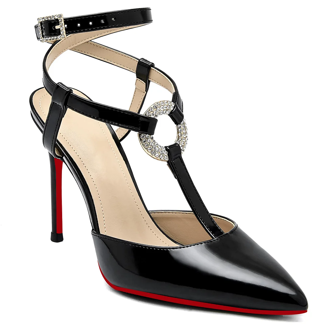 100mm Women Slingback Red Bottoms  Pumps Ankle Strap Jenlove Stiletto High Heel Diamond Close Pointed Toe Dress Patent Shoes-MERUMOTE