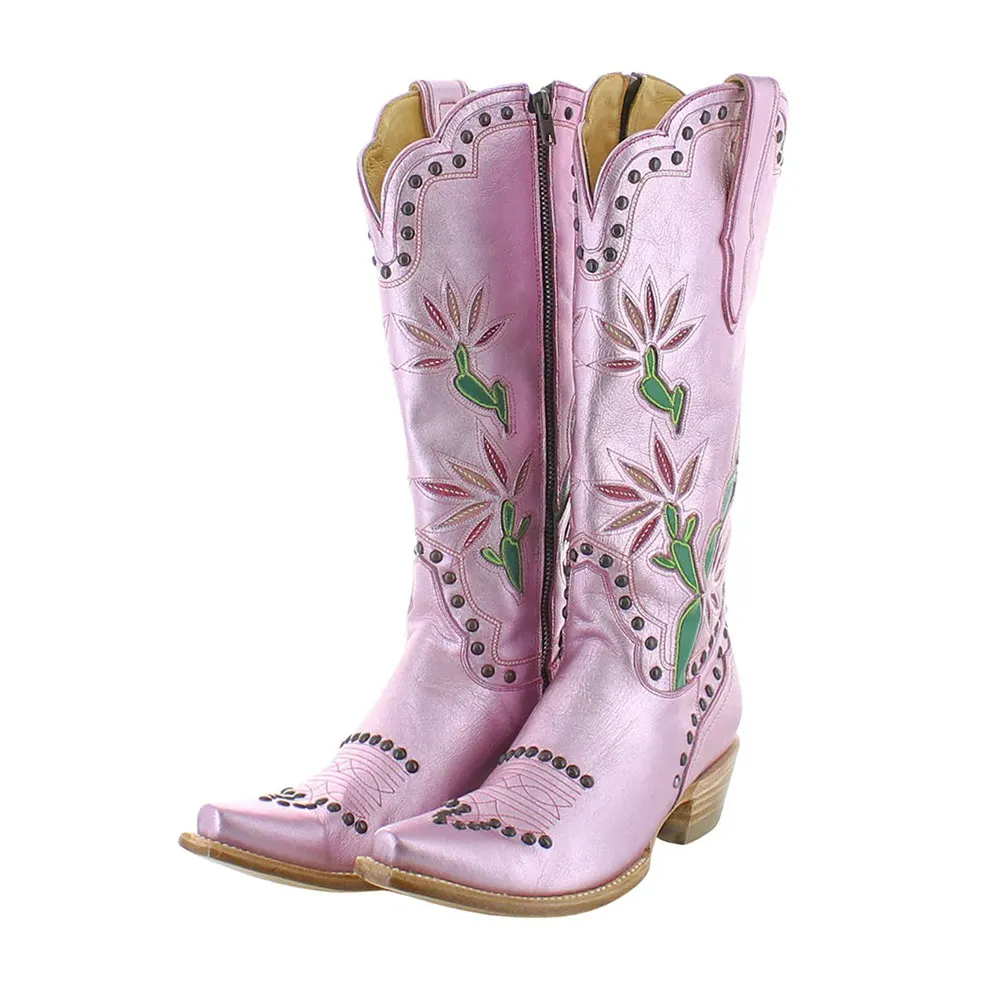 Women's Cactus Inlay Studded Snip Toe Metallic Pink Cowgirl Boots