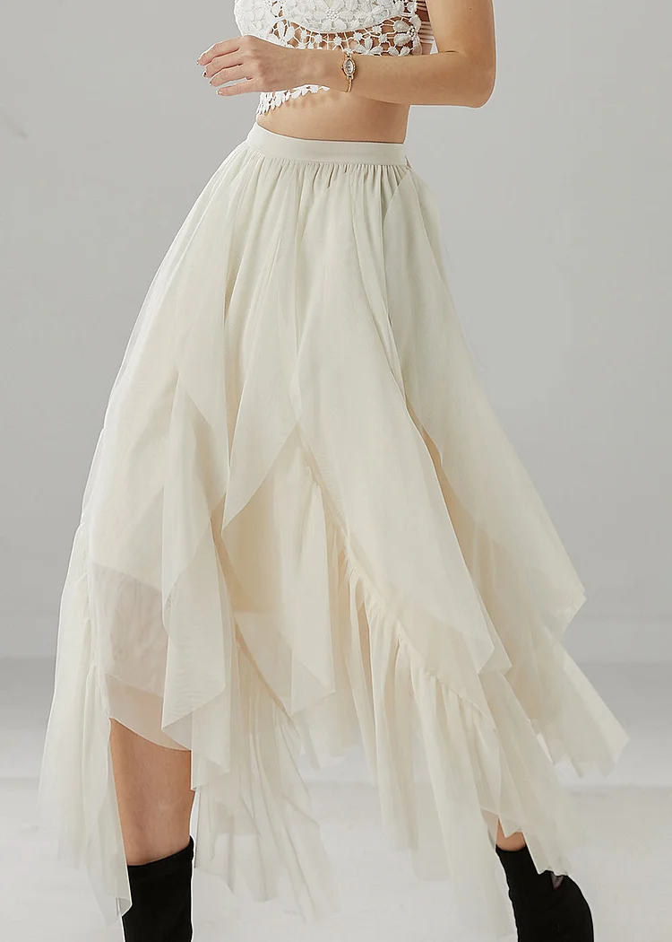 White Ruffleds Chiffon Skirt Elastic Waist Summer