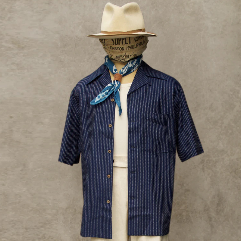 Men's Blue Striped Cotton Cuban Collar Short Sleeve Shirt