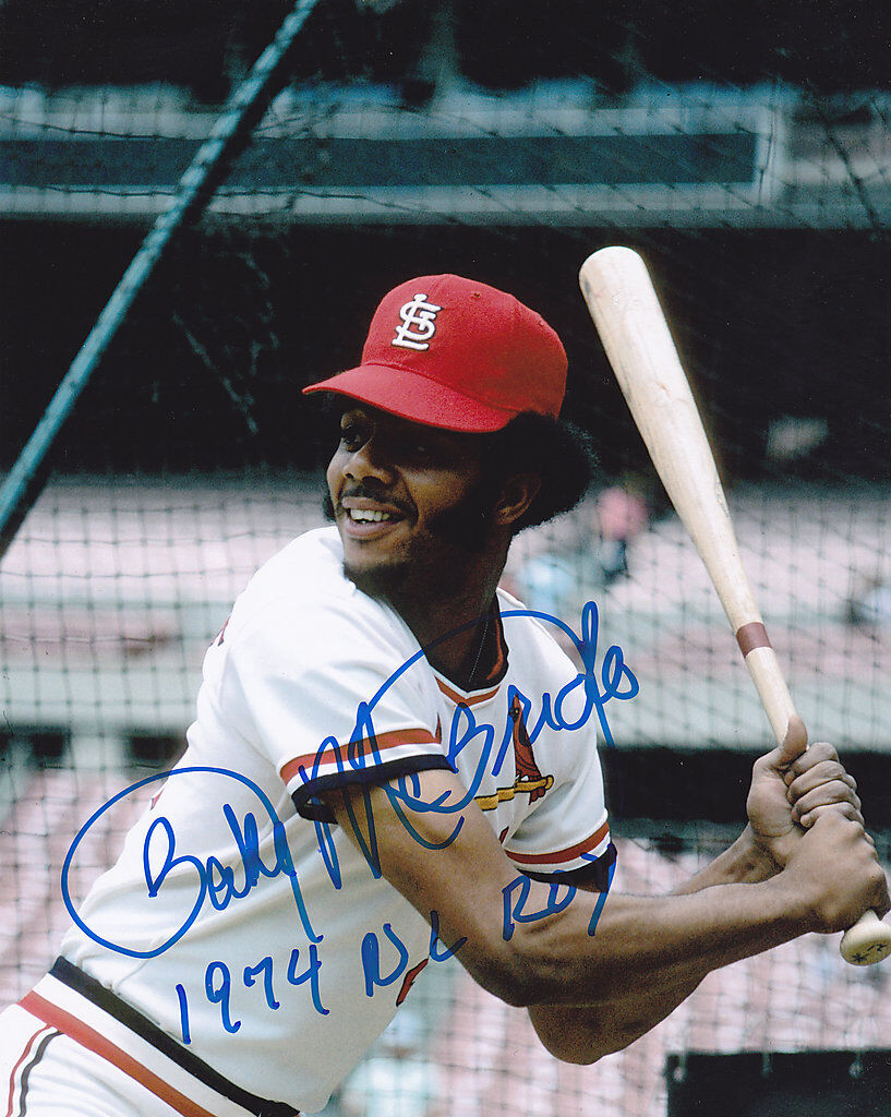 BAKE MCBRIDE ST. LOUIS CARDINALS 1974 NL ROY ACTION SIGNED 8x10