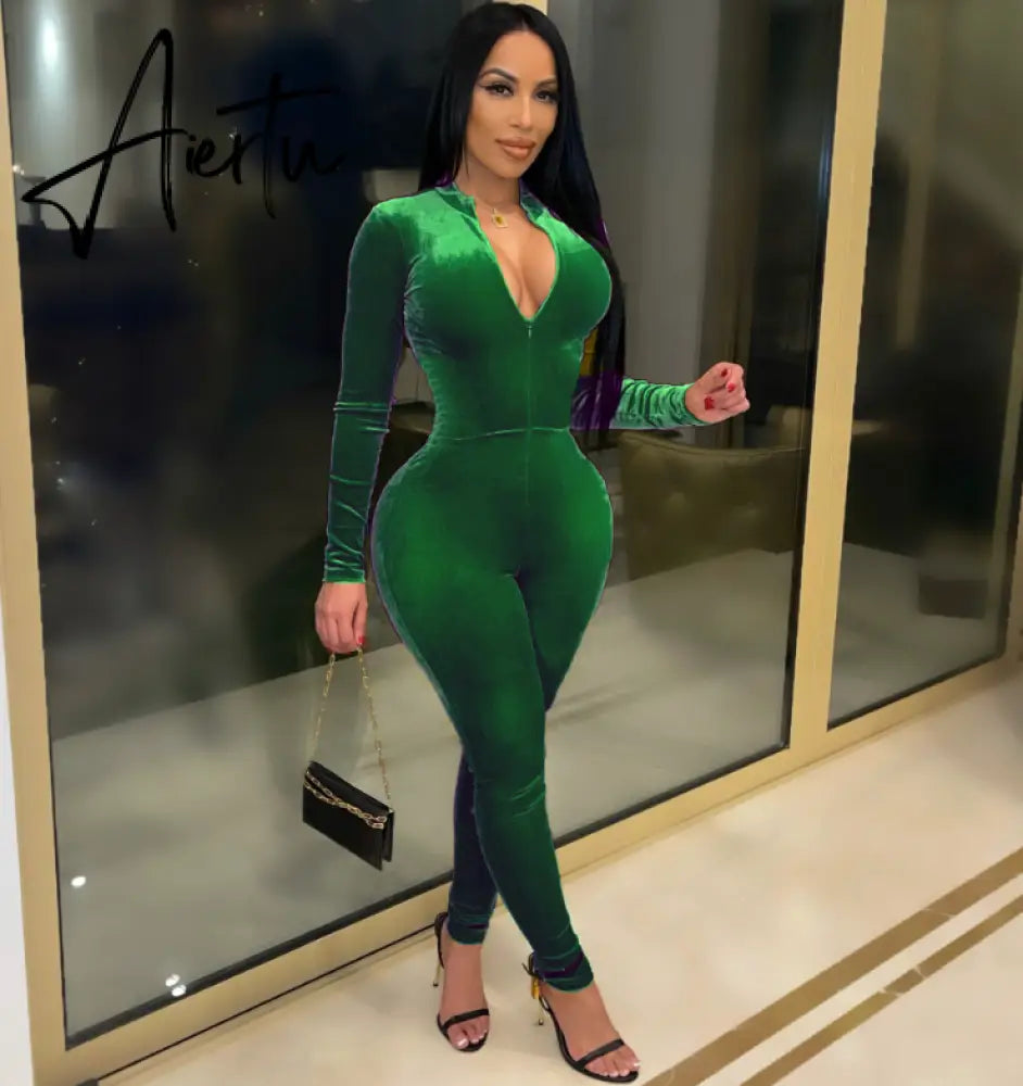 Aiertu  Solid Velvet With Corset Gloves Sexy Bodycon Jumpsuit Summer Fall Slim Party Club Elegant Streetwear Outfit Y2K Aiertu