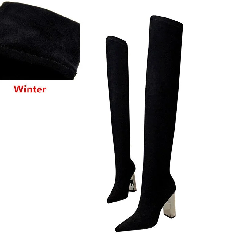 2020 Women over the knee Boots Slip on Autumn Winter Shoes Thick heeled Elastic Suede Thigh high boots High heels Warm Long boot