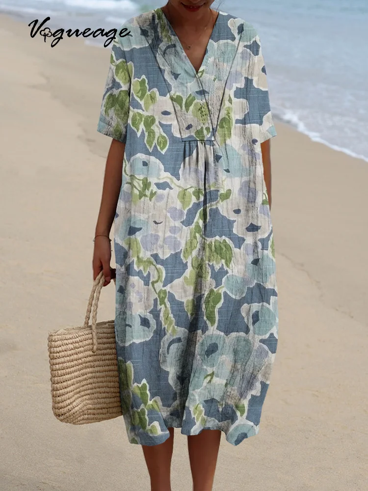 Elegant And Gentle Plants Printed Women's Casual Cotton And Linen Dress