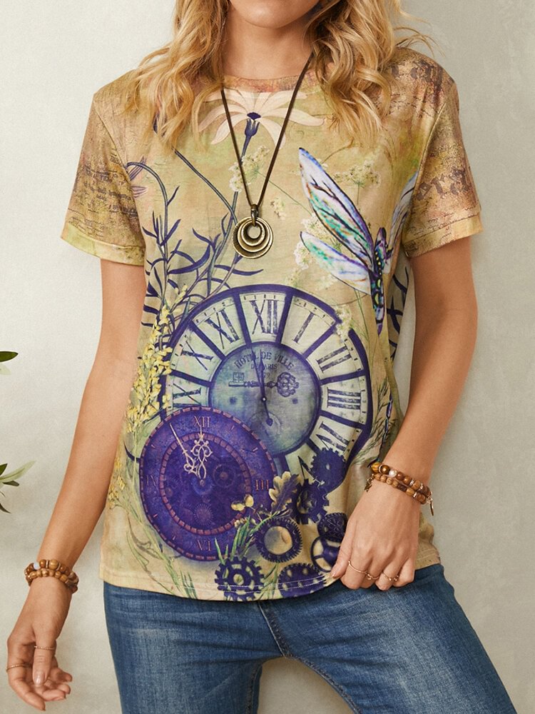 Vintage Print Short Sleeve O neck Casual T Shirt For Women P1813450