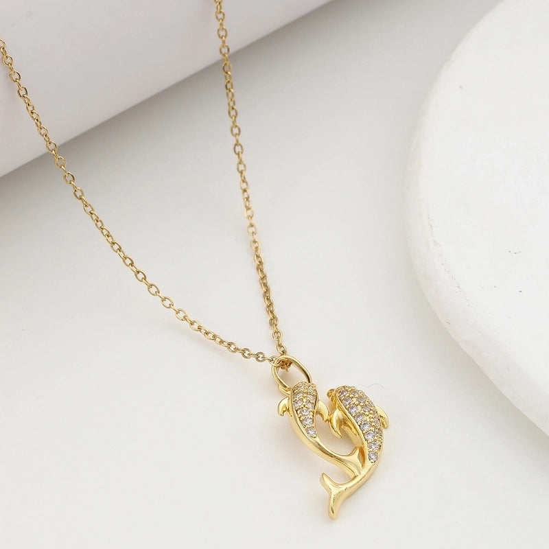304 Stainless Steel Copper Inlay Dolphin Zircon Pendant Necklace