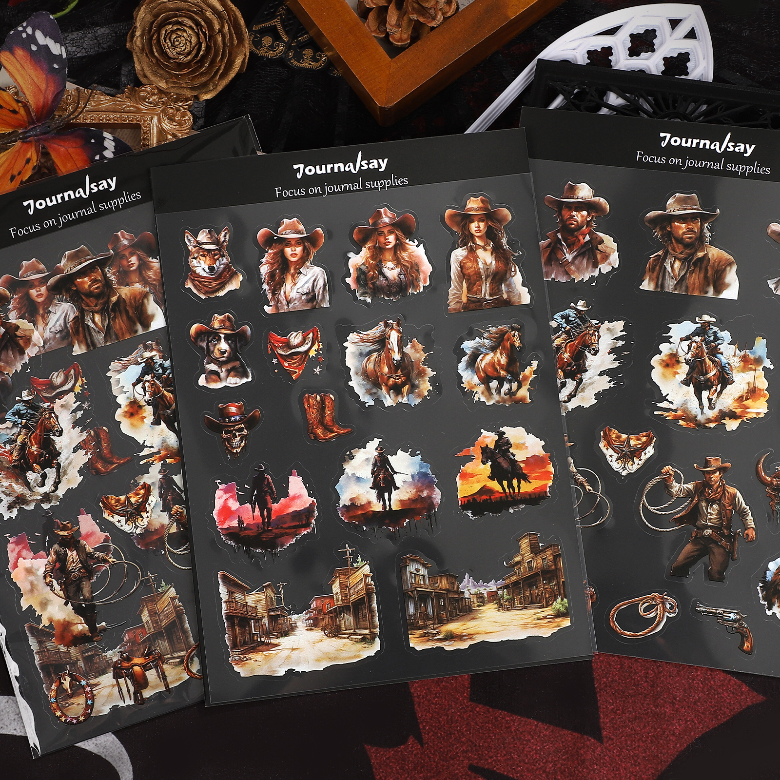 PET 스티커 - 2매 빈티지 서부 카우보이 캐릭터 풍경