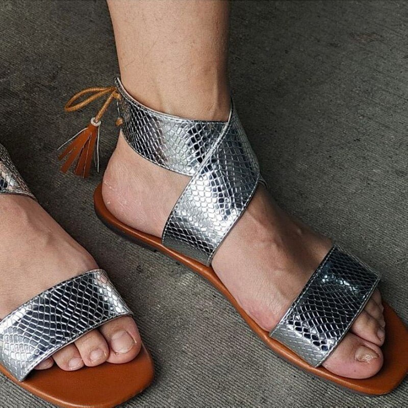 Large Size Gold Flat Sandals Women Summer Casual Comfortable Beach Sandalias Mujer Lace Up Leopard Gladiator Shoes Woman