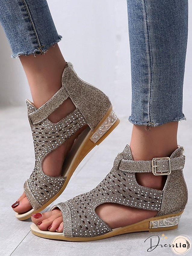 Womens Sandals Wedge Plus Size Party Outdoor Work Summer Spring Rhinestone Heel Peep Toe